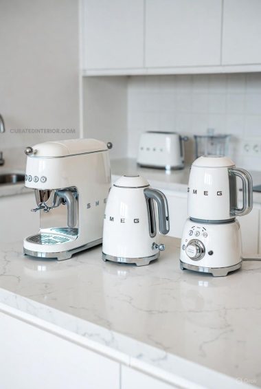 small appliances list white smeg appliances in marble kitchen