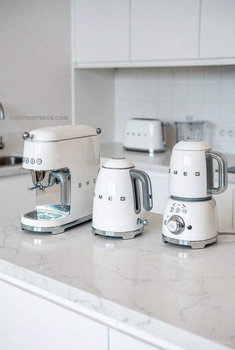 small appliances list white smeg appliances in marble kitchen