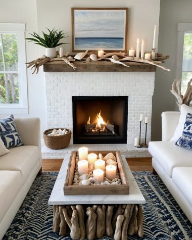 Coastal fireplace decor driftwood decor beach_life_living
