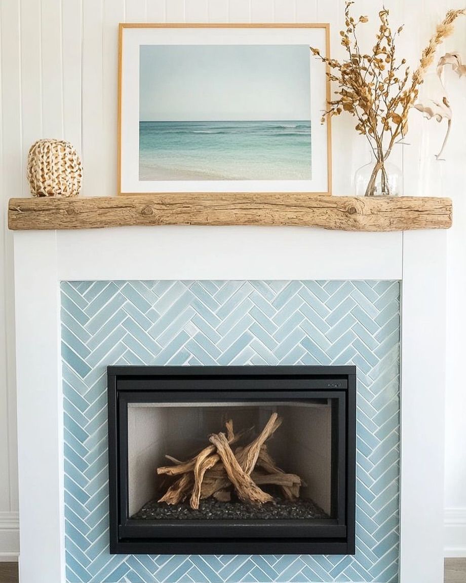Coastal fireplace decor modern blue tile perfectfamilyhomes