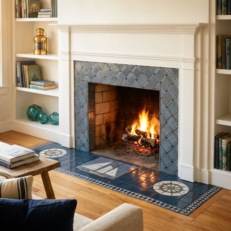Coastal fireplace decor navy blue tile surround lilyworktile