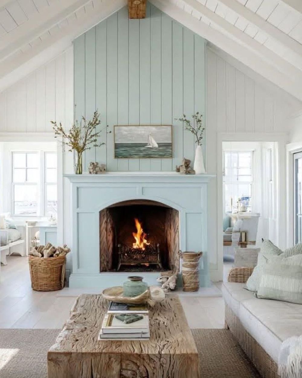 Coastal fireplace decor pastel blue shiplap beach_life_living