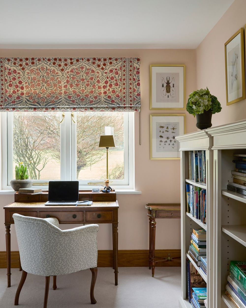English country home office pale pink walls annamossinteriors