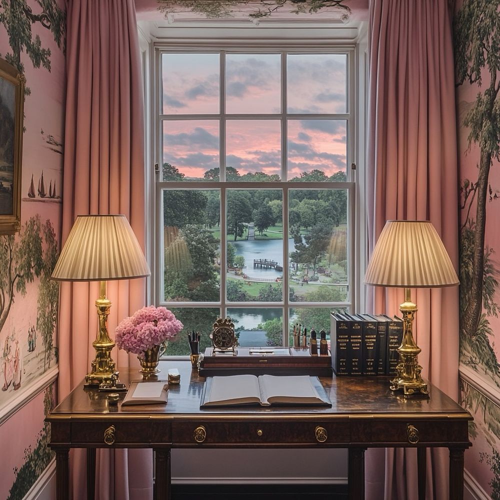 English country home office pink curtains lake view hamblehearth