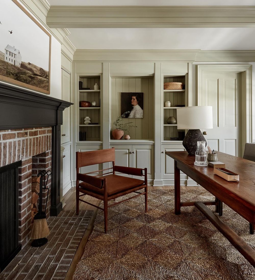 English country home office with leather chair beccainteriors