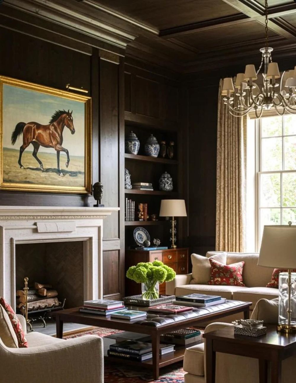 Equestrian living room mahogany walls Ralph Lauren style megkeever_realestate