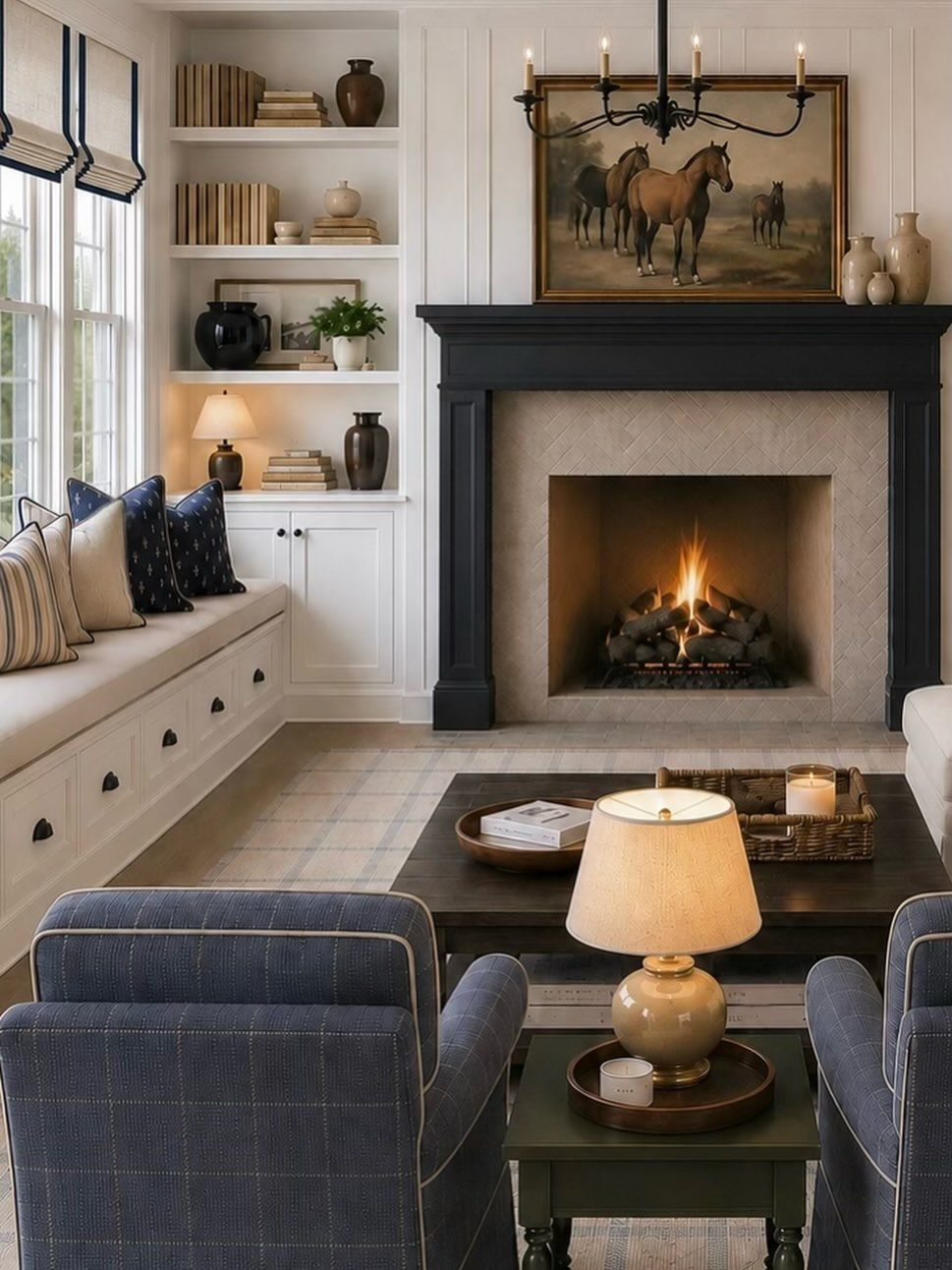 Equestrian living room with fireplace fenceandfoyer