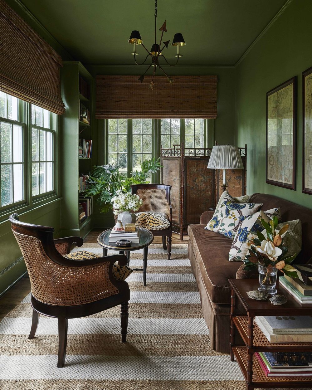 Green living room decorwith brown velvet sofa heatherchadduck