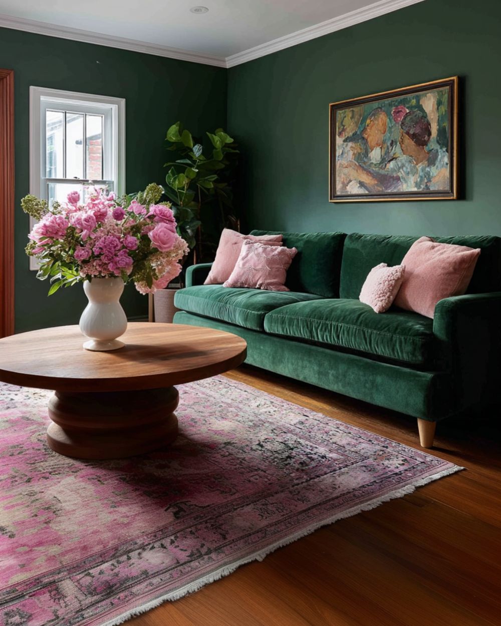 Green living room decorwith pink rug homeandsilence