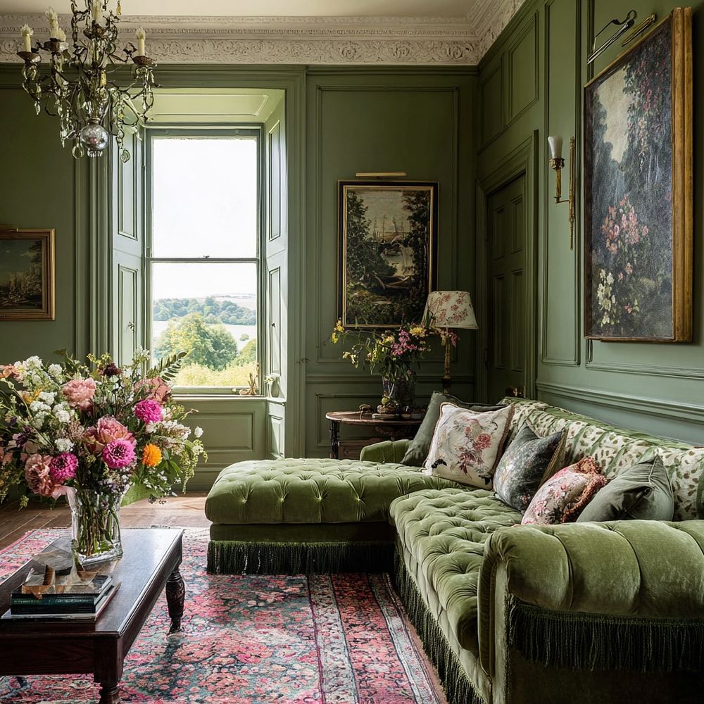 Green living room decorwith tufted sectional sofa jenconnell.home_