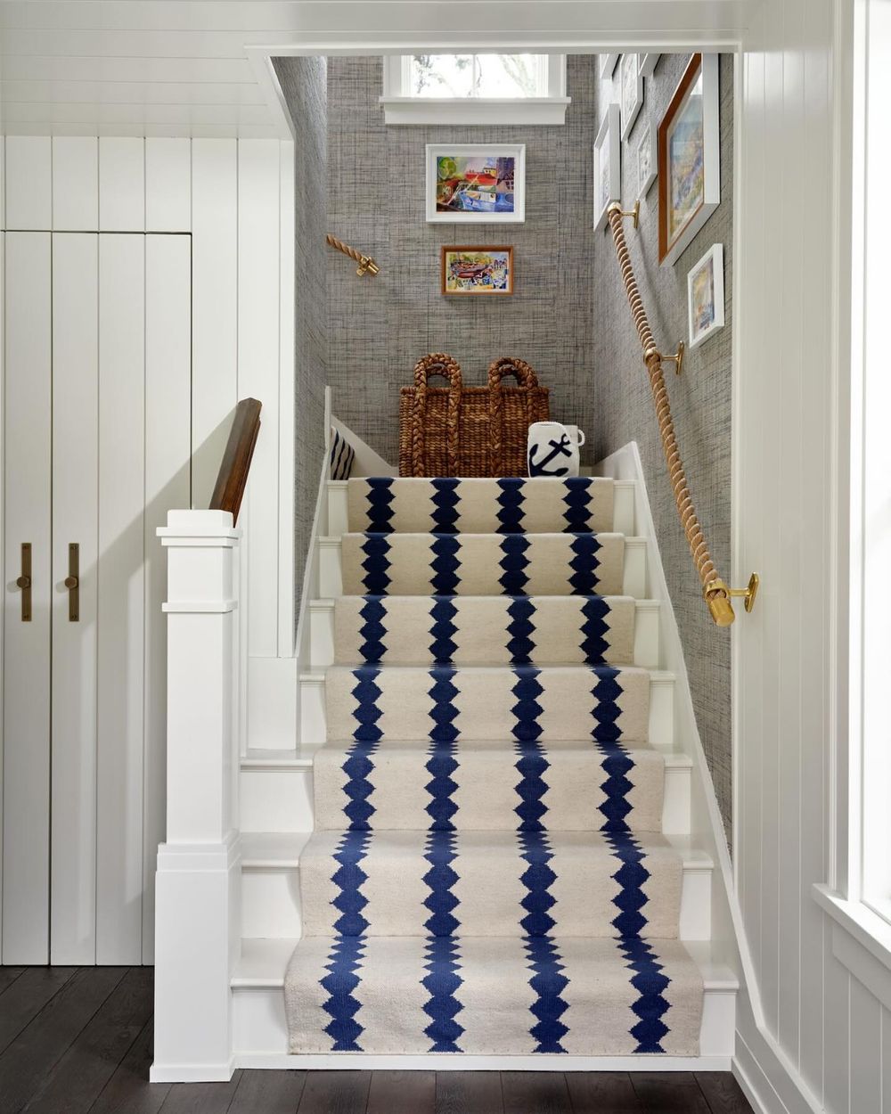 Nautical Entryway decor striped rug staircase ststudioinc