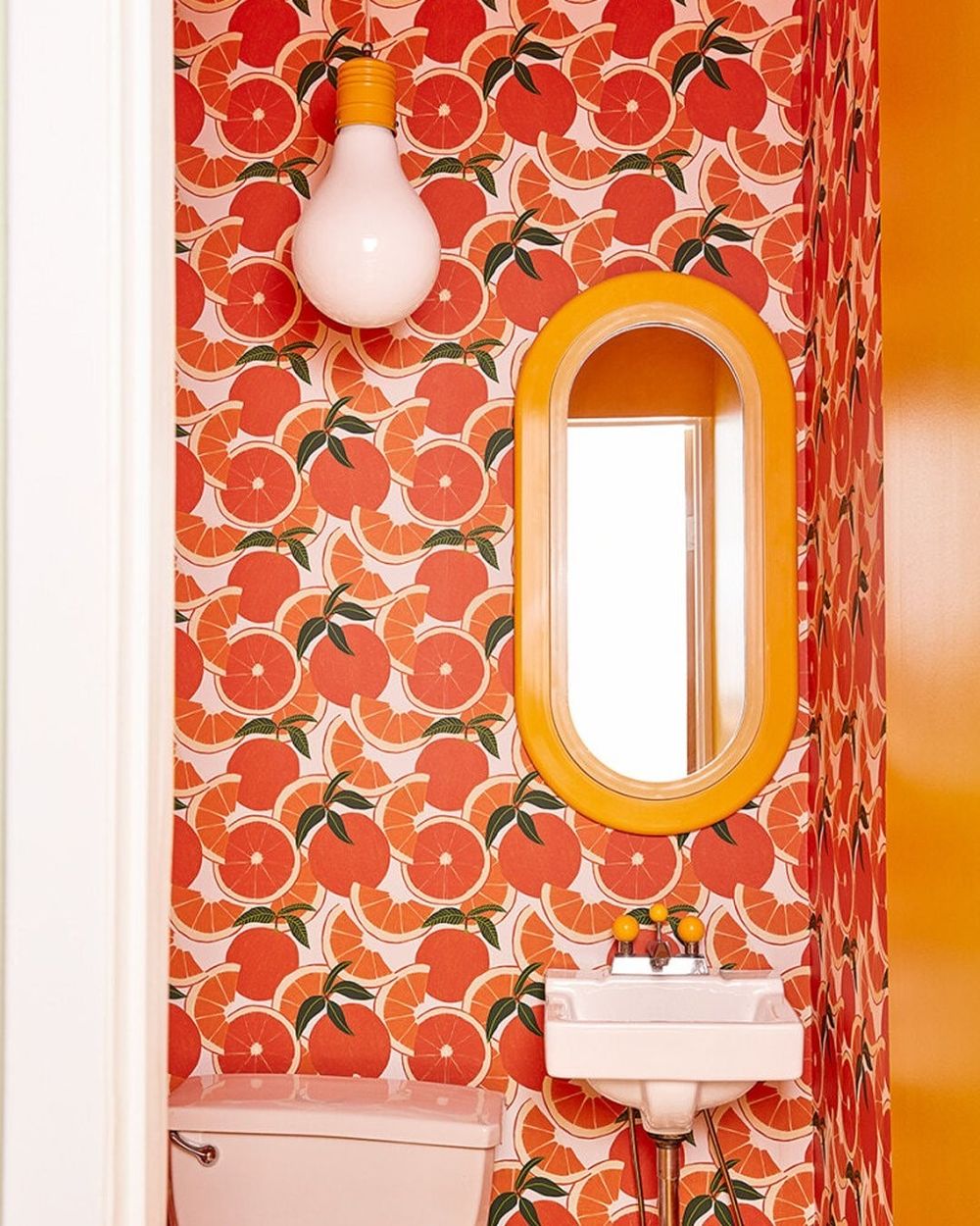 Orange bathroom decor citrus wallpaper glowmaven