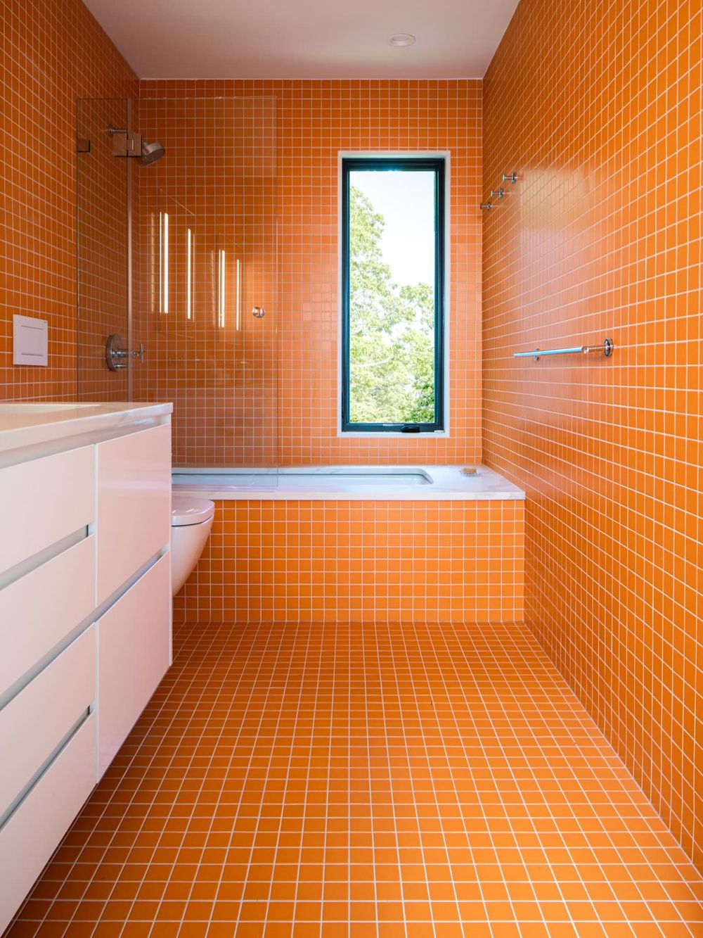 Orange bathroom decor small square tiles studiomapos